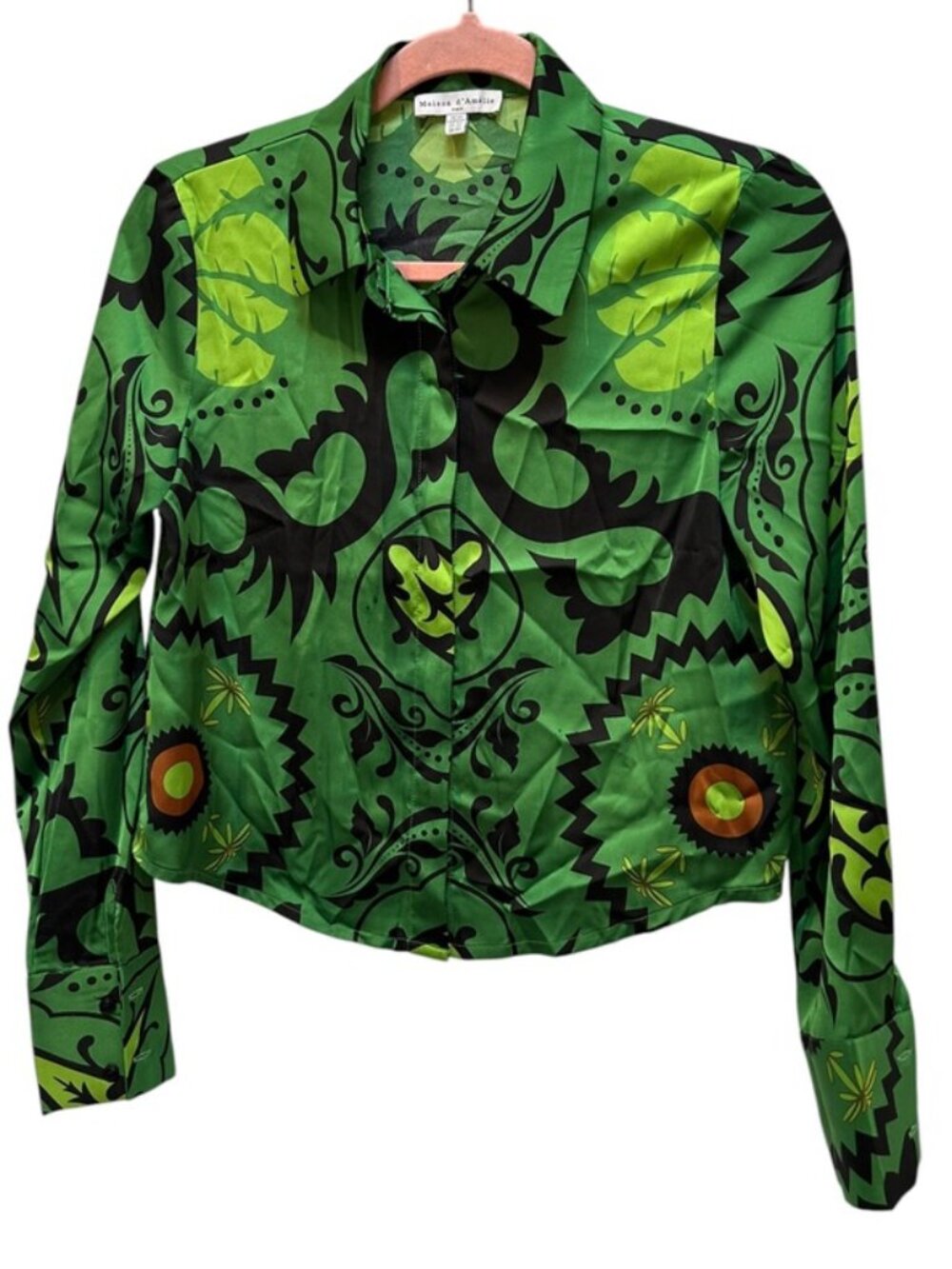 maison d'amelie kelly green groovy print recycled poly satin cropped blouse XS